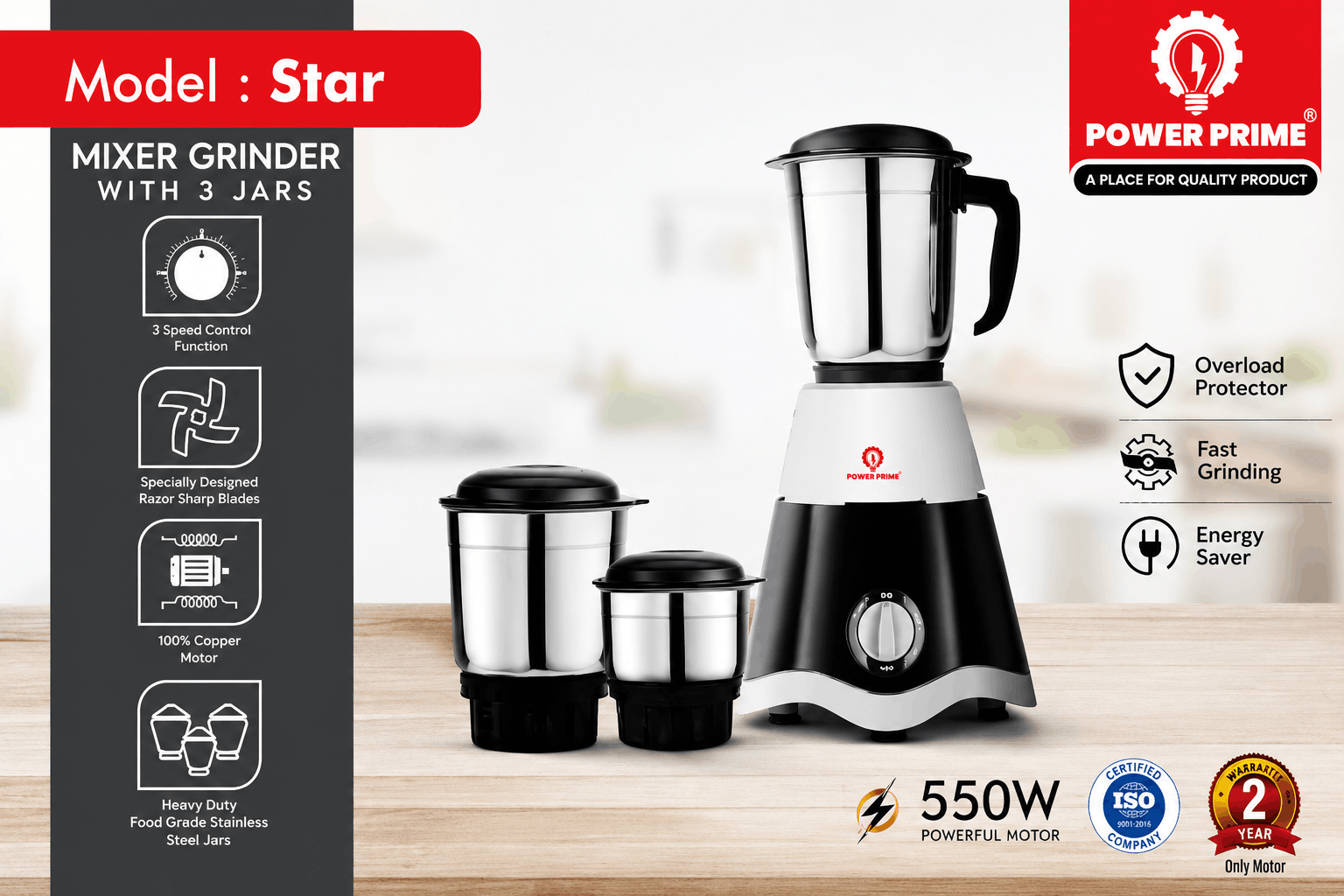 Power Prime 550W Mixer Grinder with 3 Jars | Heavy Duty Kitchen Grinder | Fast Grinding